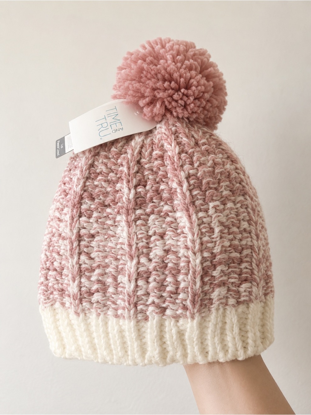 Time and Tru Pink and Cream Marled Pom Pom Knit Hat